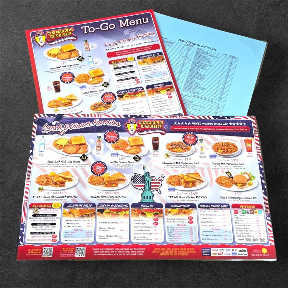 Waffle House 2026 Celebrate America Menu Set 3pc To-Go Cheat Sheet 70th Rare